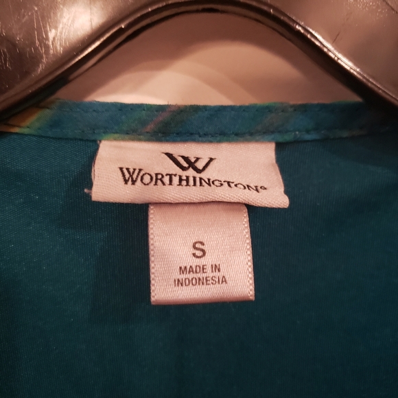 Black and teal blue split blouse sleeve top Worthington Small - Picture 4 of 5